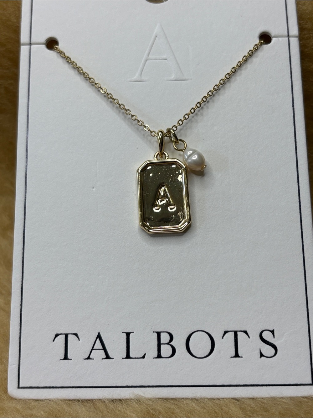 Talbots Gold-Tone 'A' Tag Necklace with Pearl Charm - Picture 2 of 4